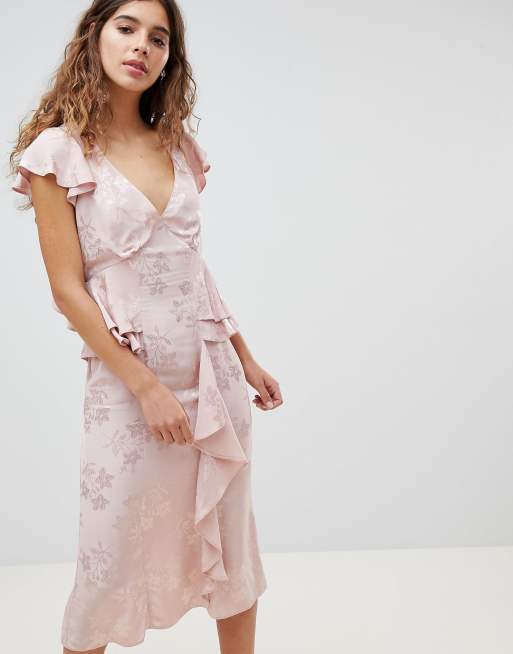 ASOS DESIGN - Midi-jurk met rucherand in zachte geboemde jacquard