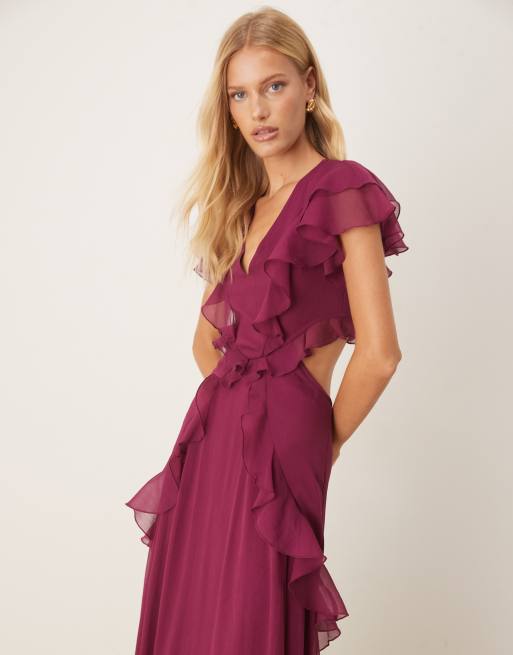 ASOS DESIGN - Midi-jurk met ruches en fladdermouwen en uitsnijding in paars, 3 van 4