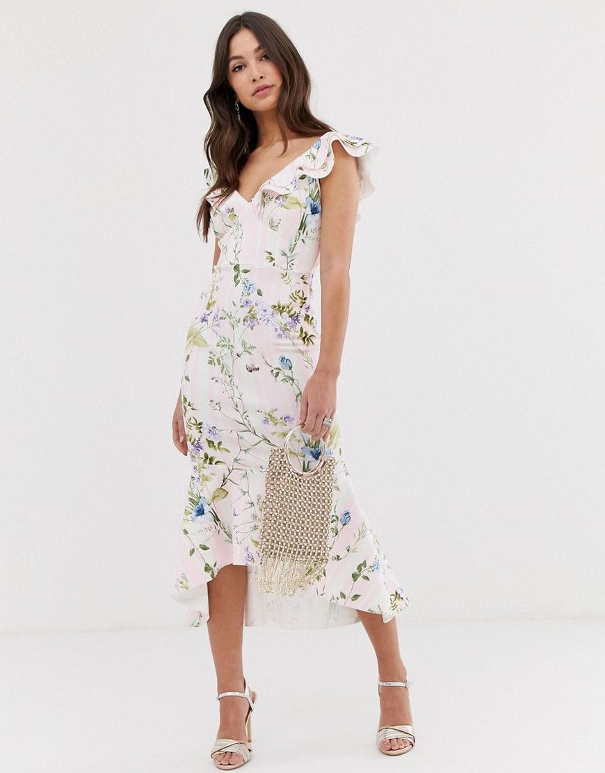 ASOS DESIGN - Midi-jurk met ruches en gestreepte bloemenprint-Multi