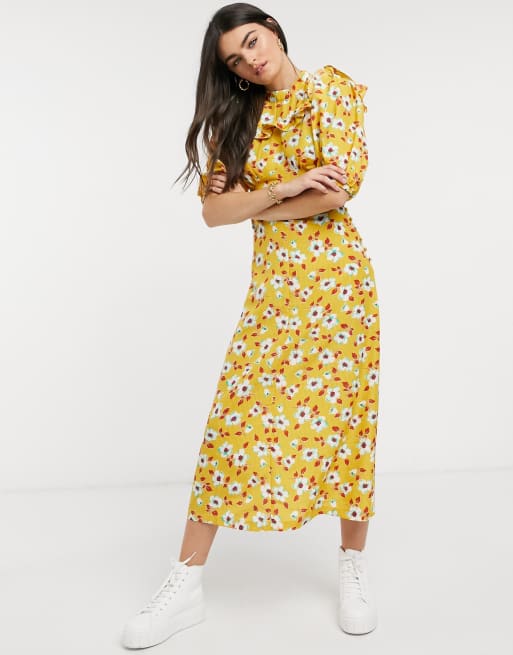 ASOS DESIGN Midi jurk met ruches langs halslijn in gele bloemenprint