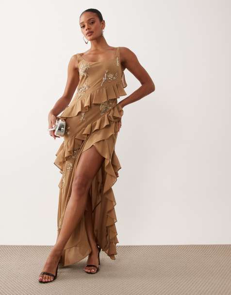ASOS DESIGN - Midi-jurk met schelpversiering en ruches in goud - view 1
