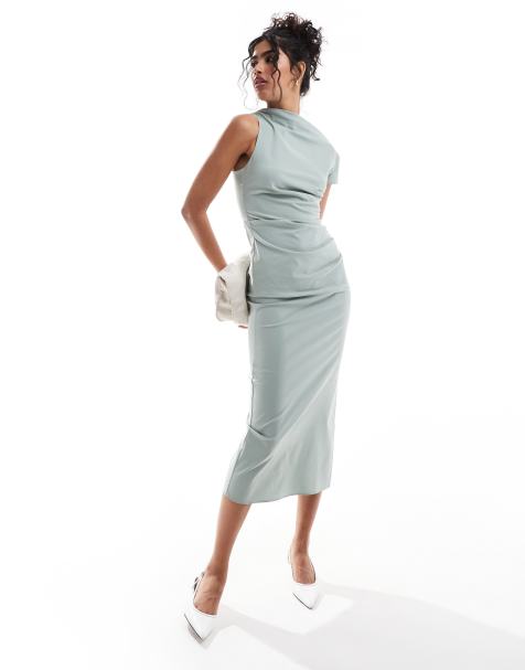 ASOS DESIGN - Midi-jurk met schuine hals en rimpeleffect in lichtgroen - view 1