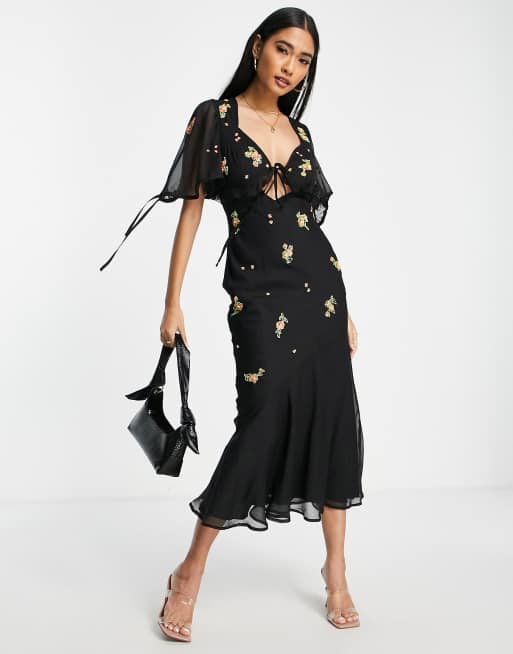ASOS DESIGN - Midi jurk met schuine snit en fijne versiering in zwart