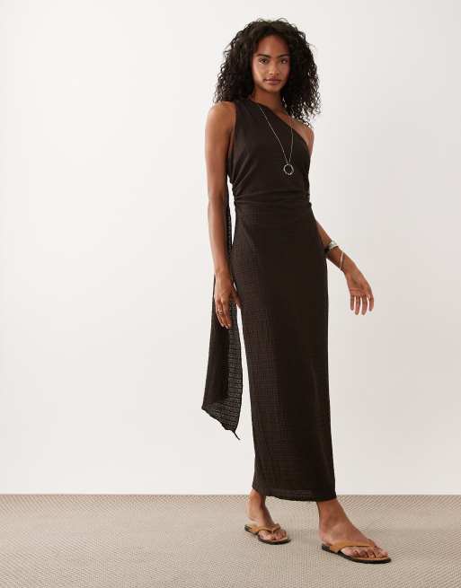 ASOS DESIGN - Midi jurk met sjaaldetail, blote schouder en textuur in bruin , 2 van 4