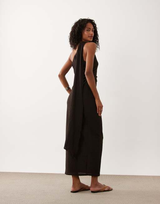 ASOS DESIGN - Midi jurk met sjaaldetail, blote schouder en textuur in bruin , 4 van 4