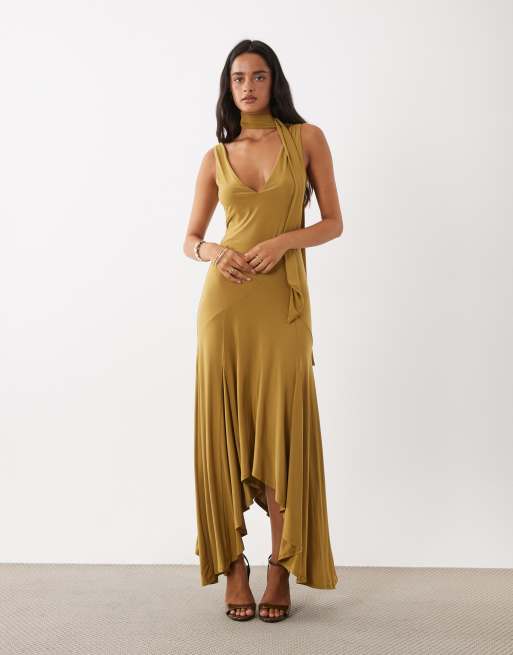 ASOS DESIGN midi jurk met sjaaldetail en godets in bruin, 2 van 4