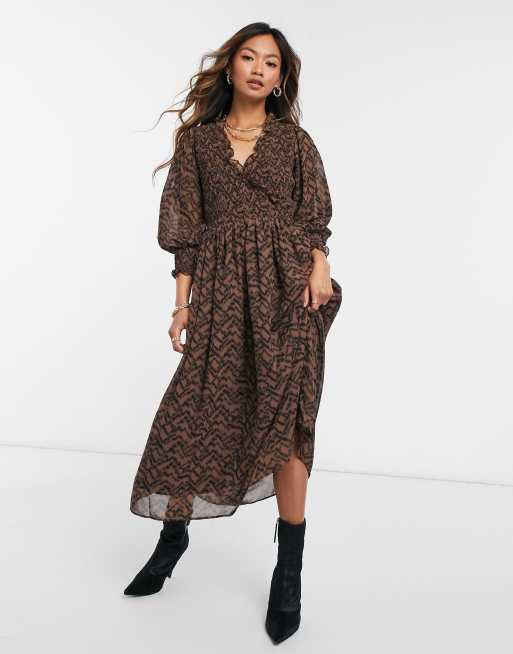 ASOS DESIGN - Midi-jurk met smokwerk en dierenprint