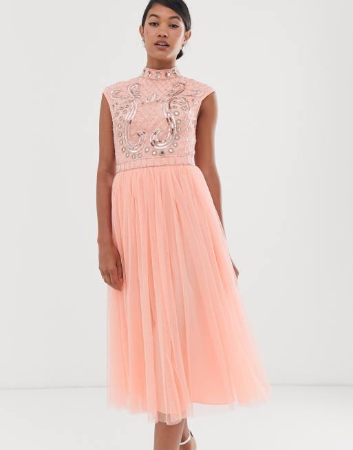 ASOS DESIGN - Midi-jurk met spiegel versiering op bustier en rok van tule
