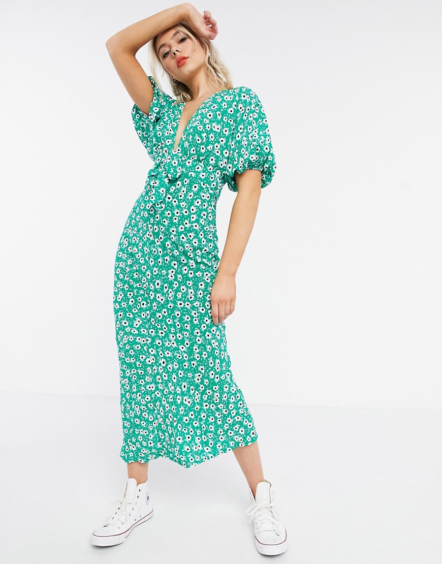 ASOS DESIGN - Midi-jurk met strik aan de voorkant in groene bloemenprint-Multi