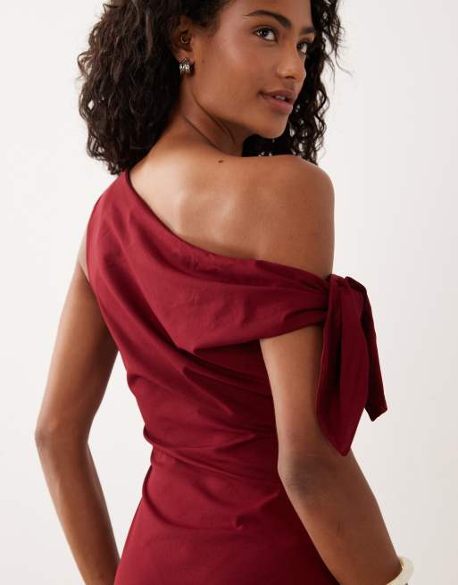 ASOS DESIGN - Midi-jurk met strik en blote schouders in wijnrood , 4 van 4