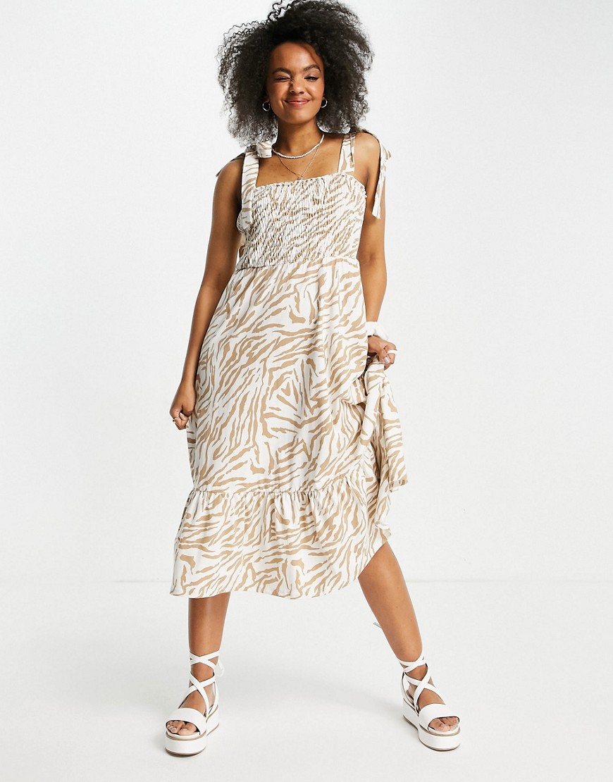 ASOS DESIGN - Midi-jurk met strikbandjes en stroken langs de zoom in crème met bruine zebraprint