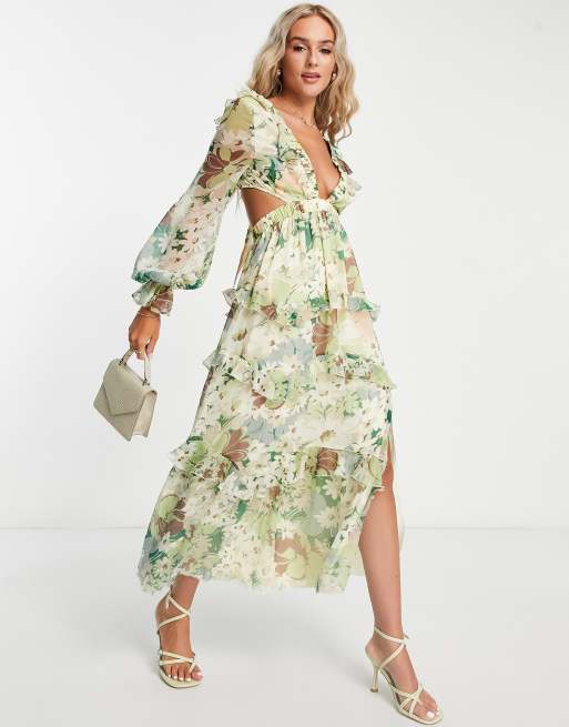 ASOS DESIGN - Midi-jurk met stroken, ruches, elastische taille,  vetersluiting aan de achterkant en bloemenprint | ASOS