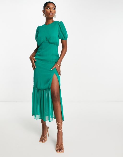 ASOS DESIGN - Midi-jurk met strook en bubbel-mouwen in groen