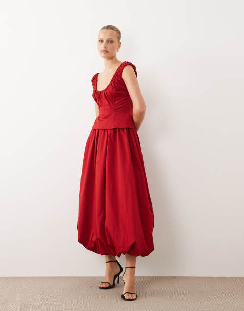 ASOS DESIGN - Midi-jurk met structuur, gerimpelde ronde hals en peplum in rood - view 1