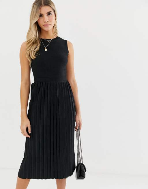 ASOS DESIGN - Midi-jurk met textuur en geplooide rok in zwart