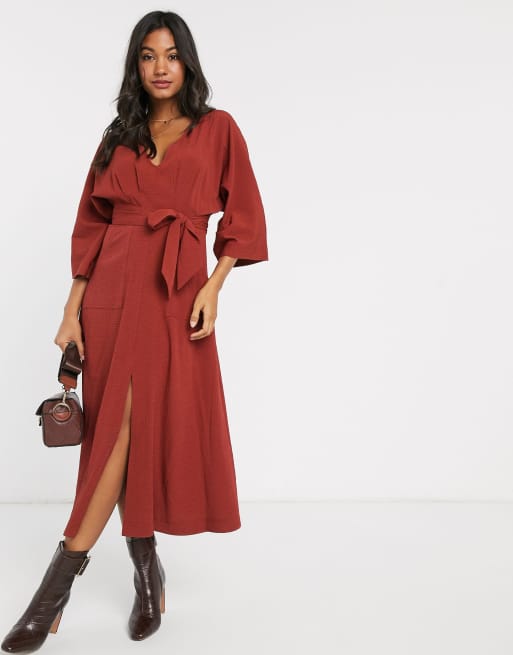 ASOS DESIGN - Midi-jurk met textuur en zakken in roestbruin | ASOS