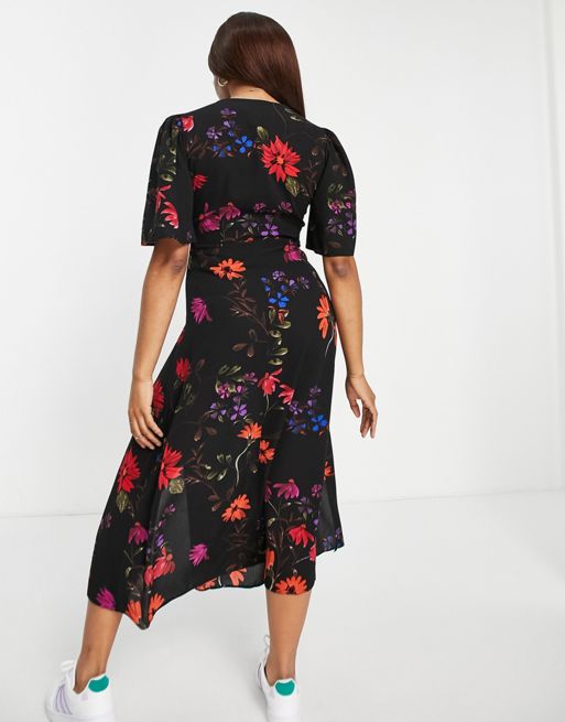 ASOS DESIGN - Midi-jurk met uitlopende mouwen en bloemenprint in zwart |  ASOS