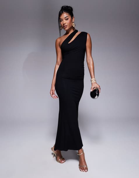 ASOS DESIGN - Midi jurk met uitsnijding en blote schouder in zwart - view 1