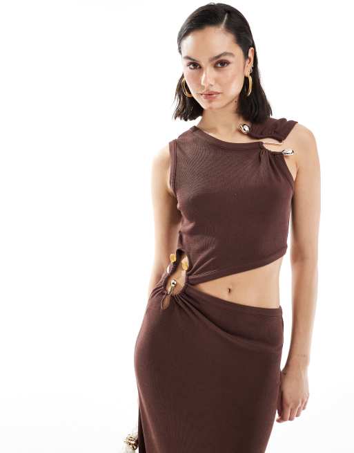 ASOS DESIGN - Midi-jurk met uitsnijdingen en afwerking in chocoladebruin