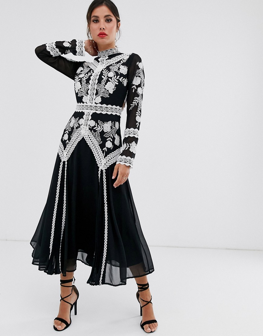 ASOS DESIGN - Midi-jurk met uitsnijdingen, kant en borduursel-Multi