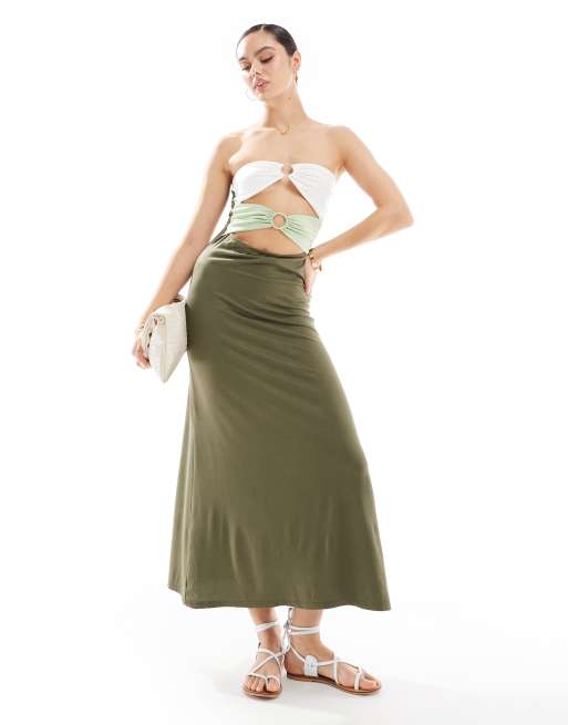ASOS DESIGN - Midi-jurk met uitsnijdingen, ringen en rimpeleffect in kaki