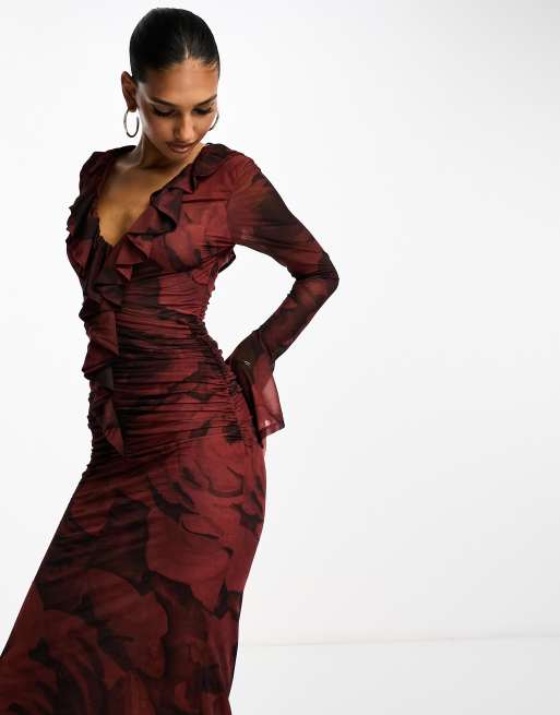 ASOS DESIGN - Midi-jurk met V-hals en gebloemde mouwen met uitlopende mouwen in roze bloemenprint