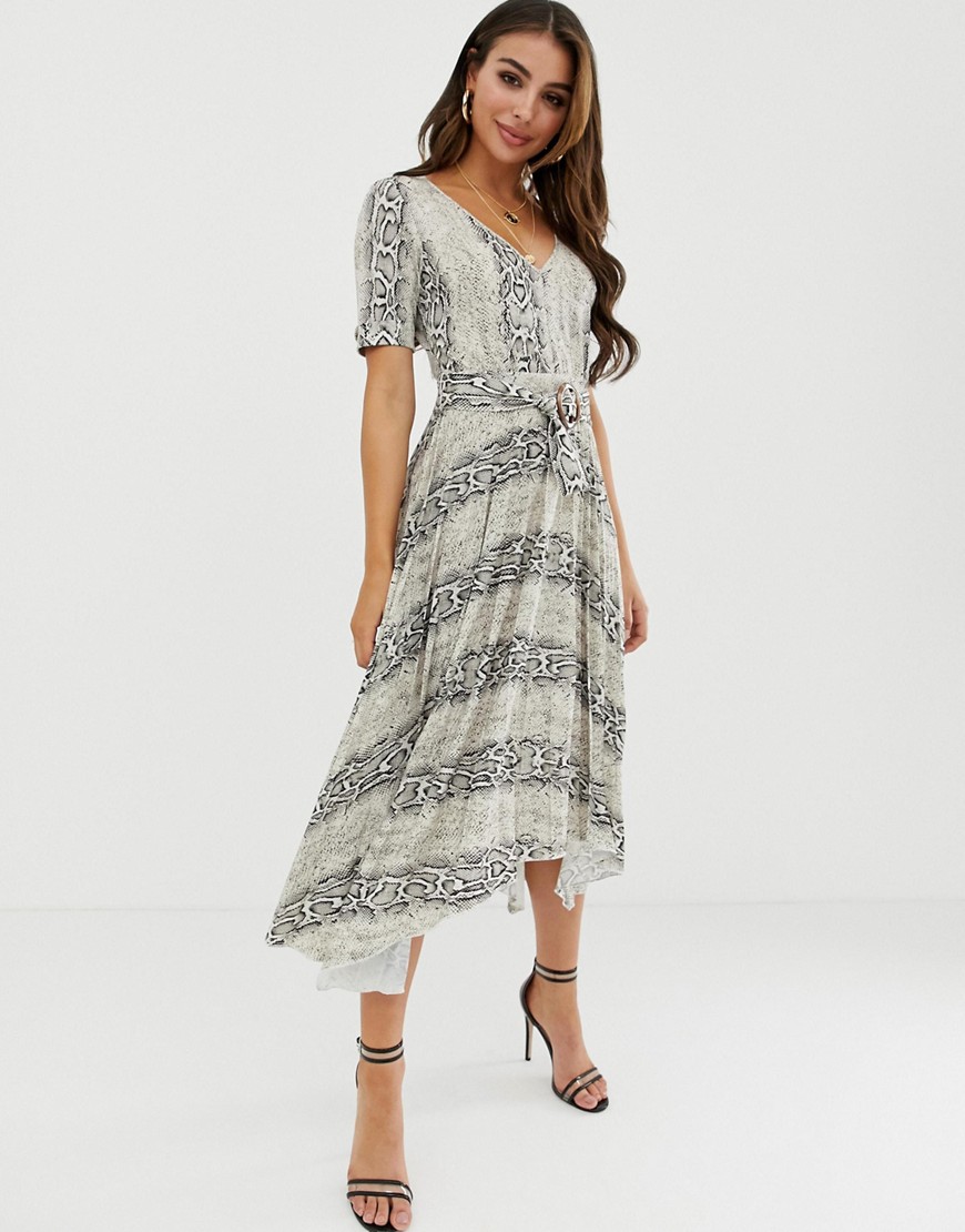 ASOS DESIGN - Midi-jurk met V-hals, geplooide rok, riem en slangenprint-Multi