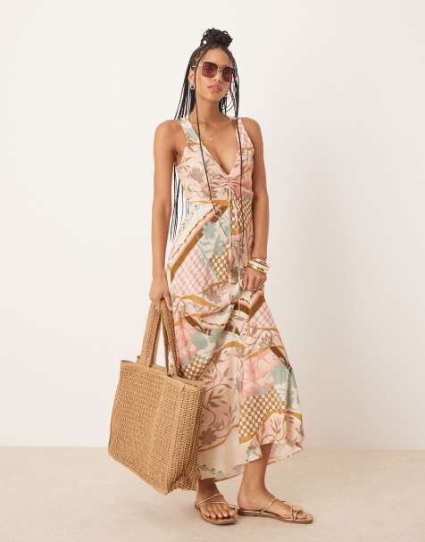 ASOS DESIGN - Midi jurk met V-hals, gerimpelde gestrikte voorkant en abstracte bloemenprint - view 1