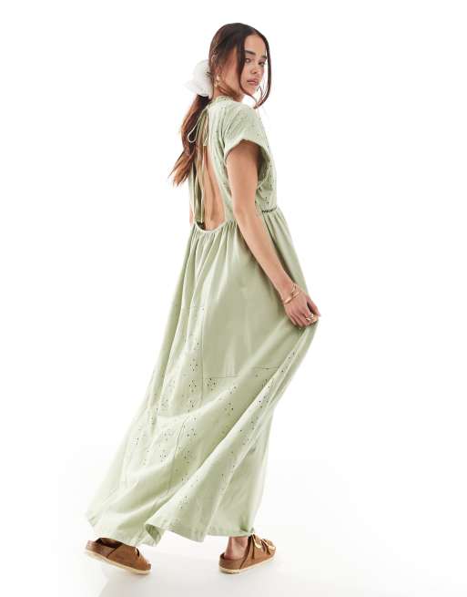 ASOS DESIGN - Midi jurk met V-hals, korte mouwen en broderie in groen