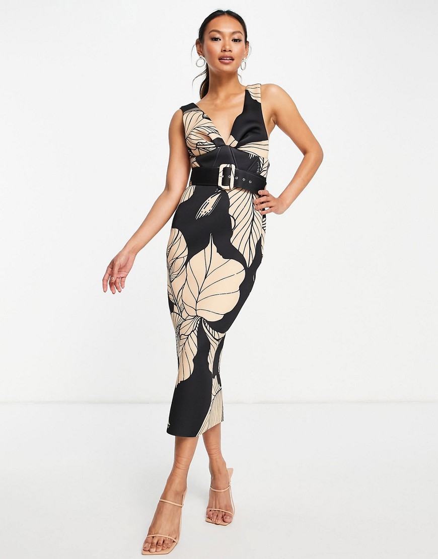 ASOS DESIGN - Midi-jurk met V-vormige voorkant en bladprint-Veelkleurig