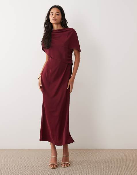 ASOS DESIGN midi-jurk met verlaagde schouders in bordeauxrood - view 1