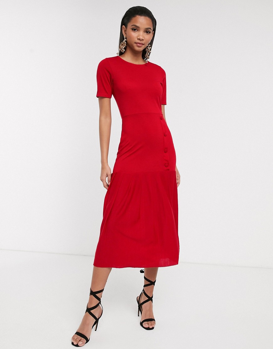 ASOS DESIGN - Midi-jurk met verlaagde taille en geplooide zoom in rood