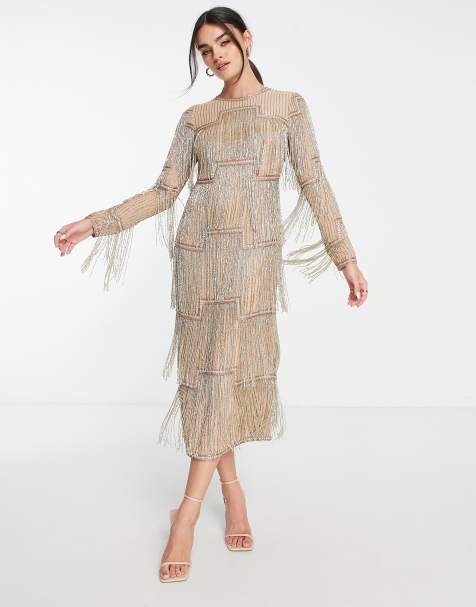 ASOS DESIGN - Midi-jurk met versiering en lange mouwen in beige - view 1