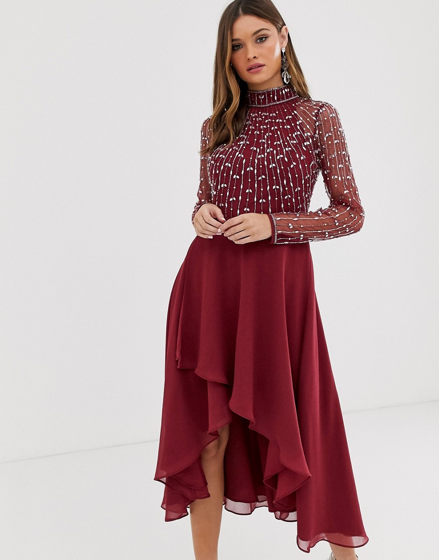 ASOS DESIGN - Midi-jurk met verticaal versierd lijfje en rok met overslag-Multi