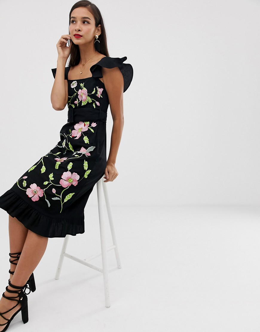 ASOS DESIGN - Midi-jurk met vierkante hals en bloemenborduursel-Zwart