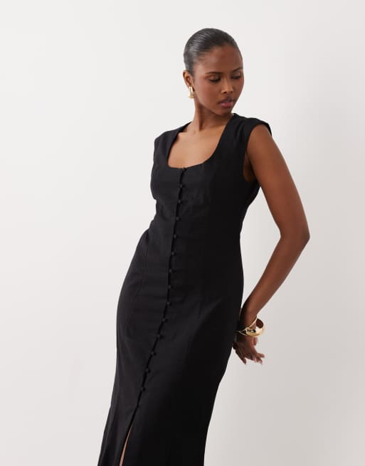 ASOS DESIGN - Midi jurk met vierkante hals en knoopsluiting in zwart , 2 van 4