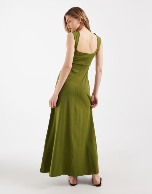 ASOS DESIGN - Midi jurk met vierkante hals en siernaden in kaki, 3 van 4