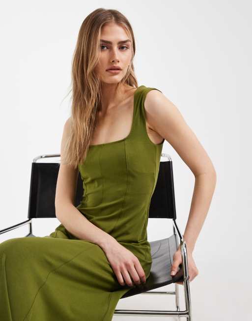 ASOS DESIGN - Midi jurk met vierkante hals en siernaden in kaki, 4 van 4