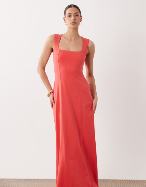 ASOS DESIGN - Midi jurk met vierkante hals en siernaden in rood, 2 van 4