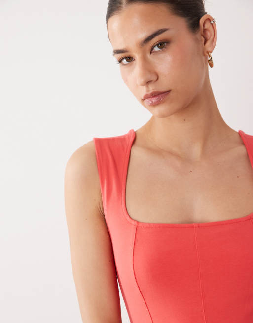 ASOS DESIGN - Midi jurk met vierkante hals en siernaden in rood, 3 van 4