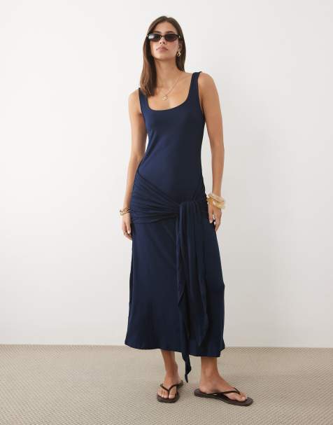 ASOS DESIGN - Midi jurk met vierkante hals en strikdetail in marineblauw - view 1