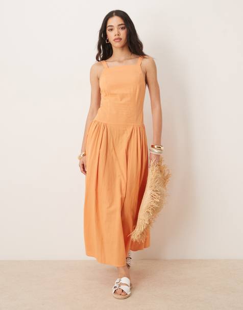 ASOS DESIGN - Midi-jurk met vierkante hals en verlaagde taille in oranje - view 1