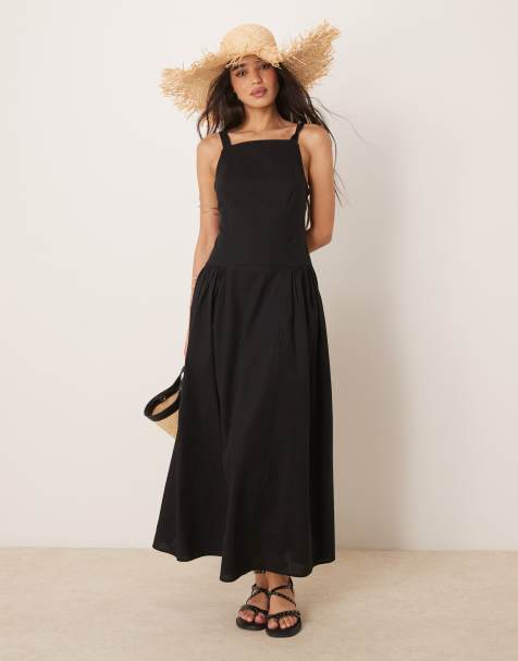 ASOS DESIGN - Midi-jurk met vierkante hals en verlaagde taille in zwart - view 1
