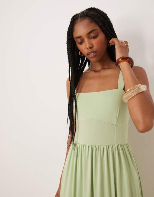 ASOS DESIGN - Midi jurk met vierkante hals in saliegroen, 3 van 4
