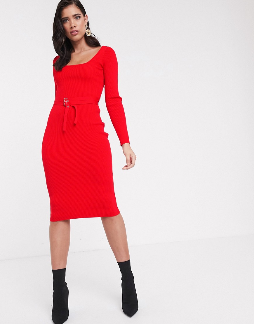 ASOS DESIGN - Midi-jurk met vierkante halslijn en riem-Rood