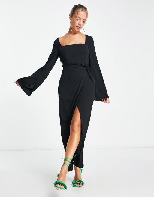 ASOS DESIGN Midi jurk met vierkante halslijn knoopdetail en uitlopende mouwen in zwart