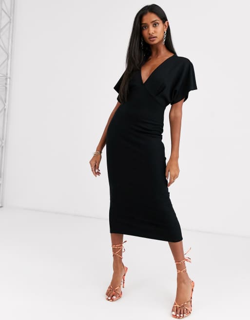 ASOS DESIGN - Midi-jurk met vleermuismouwen van pontestof in zwart
