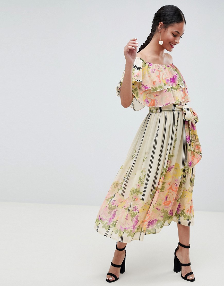 ASOS DESIGN - Midi-jurk met bandeau-top en gestreepte bloemenprint-Multi