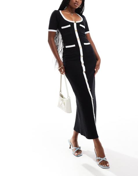 ASOS DESIGN - Midi-jurk van boucléstof met knopen en contrasterende biezen in zwart - view 1