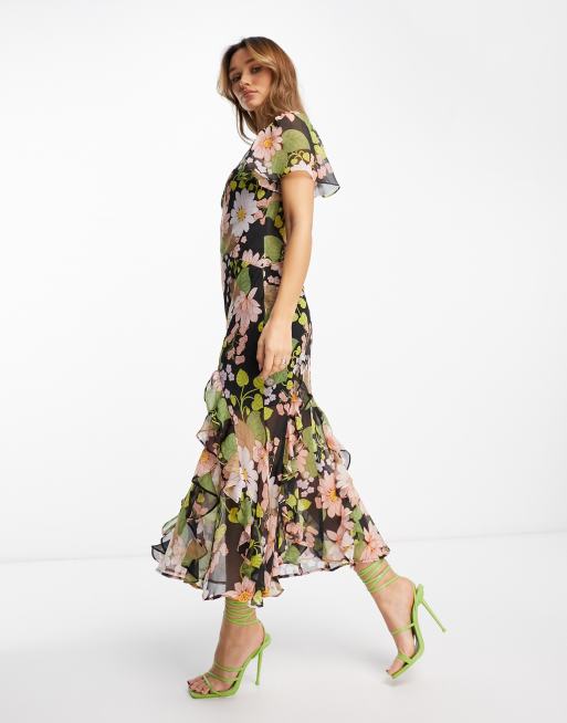 ASOS DESIGN - Midi jurk van chiffon met asymmetrische taille en ruches aan de zoom in zwart met boemenprint